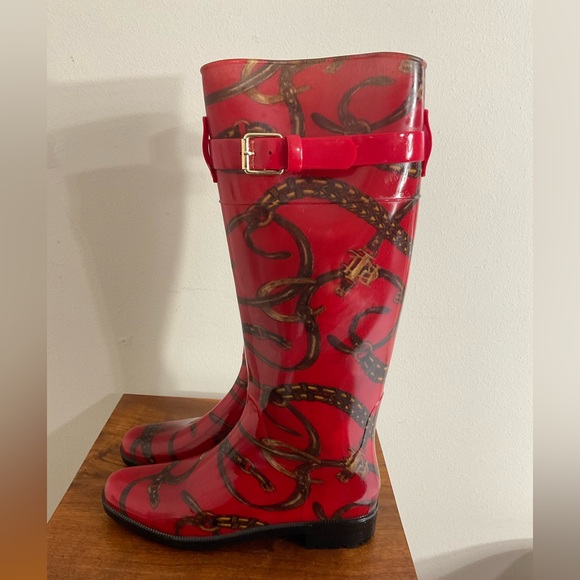 Lauren Ralph Lauren Rossalyn II Red Equestrian Knee High Rubber Rain Boot Size 7 - Picture 2 of 5